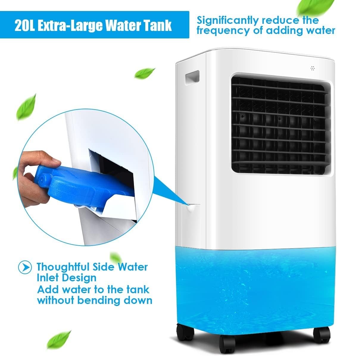 KOTEK 20L Evaporative Air Cooler, 3-in-1 Cooling Fan Humidifier with 3 Modes, 4 Speeds, 7.5H Timer, Large Water Tank & Ice Crystal Boxes, Portable Air Cooler Fan with Swivel Wheels for Home Office