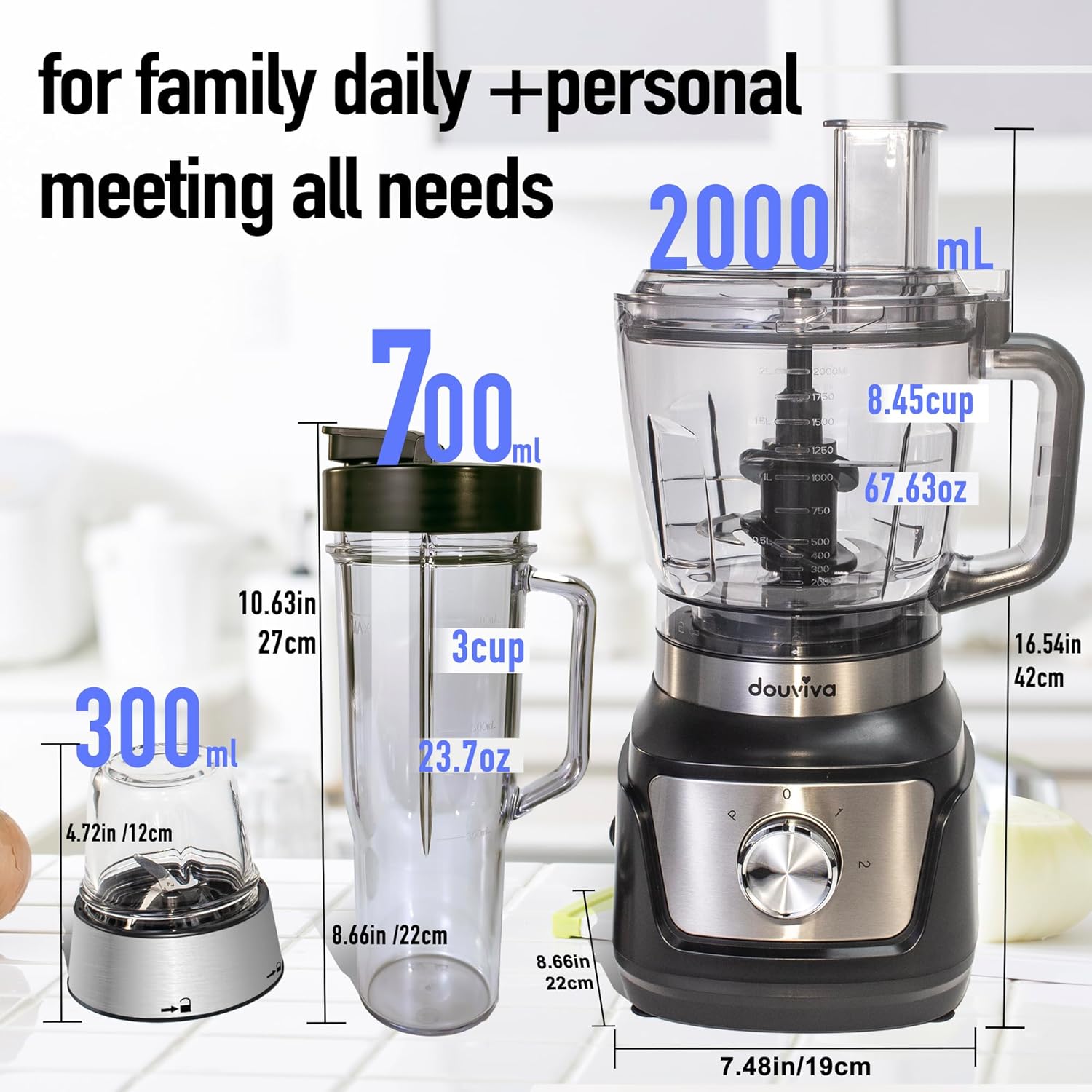 Food Processor Blender Combo,3-1 Countertop Blender with 8-cup Processor Bowl,Grinder,24oz To-Go Lid Cup,1000W Blenders for Kitchen with Smoothies&Shakes, Electric Cheese Grater/Shredding,Dough