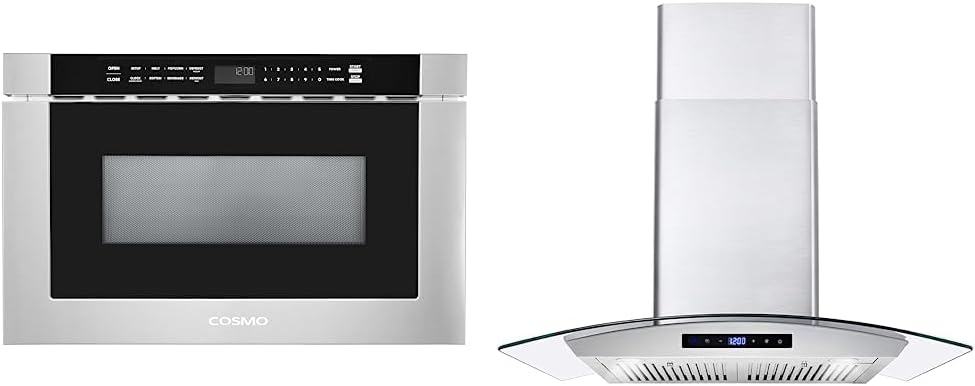 COSMO COS-12MWDSS-NH 24 in. Built-in Microwave Drawer with Automatic Presets, Touch Controls & 668WRCS75 Wall Mount Range Hood with Ducted Exhaust Vent, 3 Speed Fan