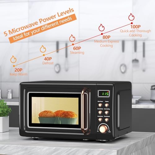 Moccha Retro Microwave, 0.7Cu.ft Compact Microwave, 700-Watt Countertop Microwave Ovens w/5 Micro Power, Delayed Start Function, LED Display, Child Lock, Small Microwave (Black)