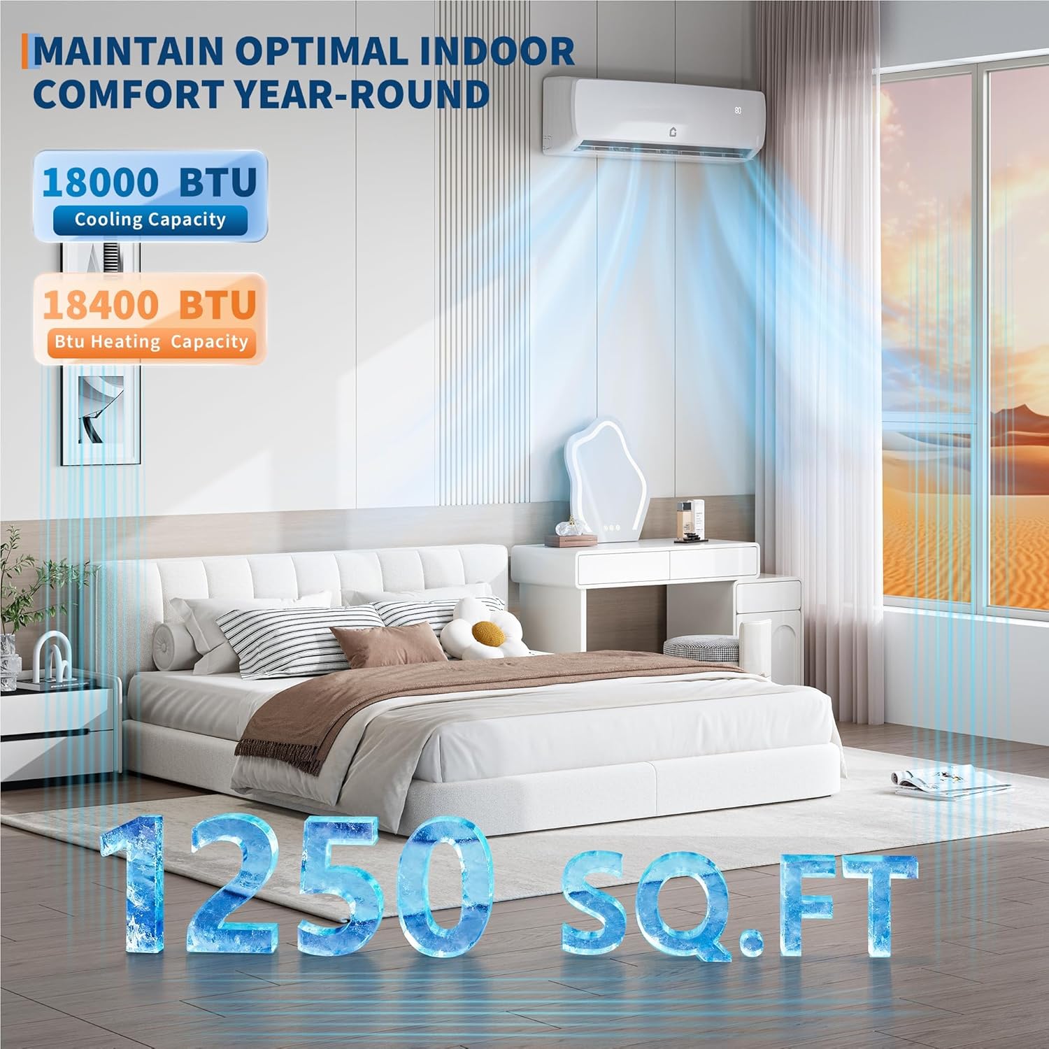 18000 BTU 19 SEER Ductless Mini Split Air Conditioner and Heat Pump, 230V High Efficiency Inverter AC System, 42dB Ultra-Quiet 3-in-1 Cooling Heating Dehumidifier, Includes 10ft Line Set
