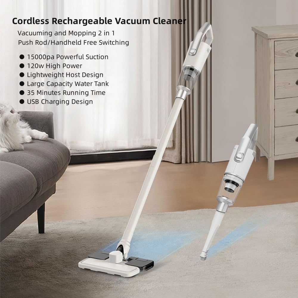 Cordless Stick Wet Dry Vacuum Cleaner with Mop, 15000pa Suction Lightweight Stick Vacuum Mop All in One, Handheld Vacuum Household Upright Vacuum Cleaner and Mop Combo for Hard Floor Pet Hair (Black)