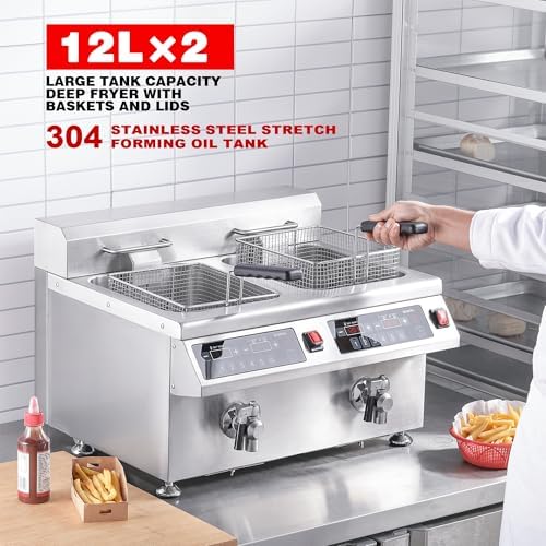 EGGKITPO Induction Fryer 24L Dual Tank Deep Fryer with Basket and Lid Countertop Electric Fryer with Timer and Oil Drain Stainless Steel Commercial Fryer for Large Restaurant and Business 120V 3600W