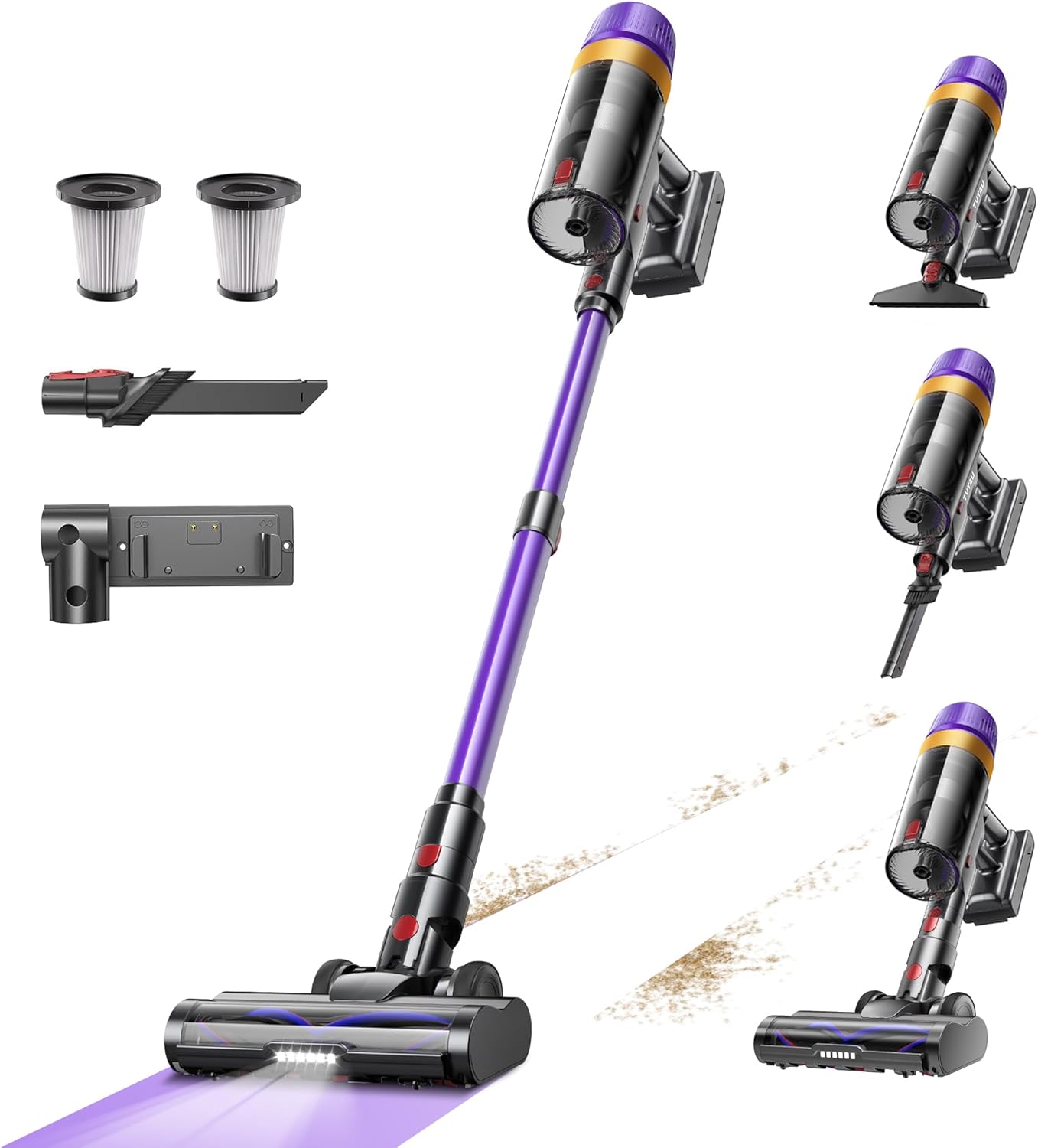 Cordless Vacuum Cleaner, 620W 55KPA 75Mins Runtime Stick Vacuum with Self-Standing, LED Display, V-Shape Anti-Tangle Brush, 8-Stage Filtration, for Hardwood Floors Carpets Pet Hair, T10 Pro