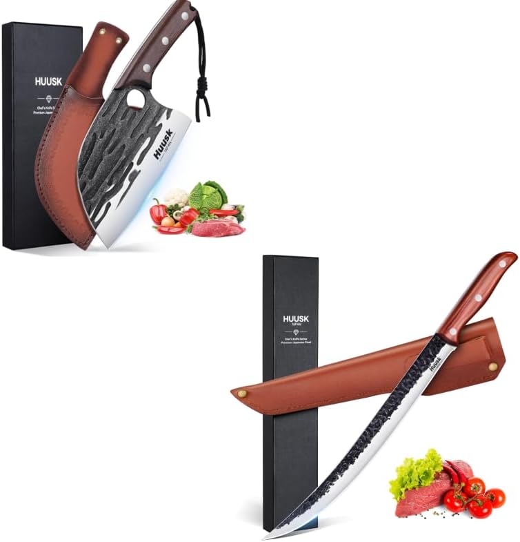 Huusk 11.5 Inch Brisket Slicing Knife-Japanese Meat Cleaver Knife for Meat Cutting Forged Butcher Knives with Sheath High Carbon Steel Breaking Knives for Home, Outdoor Cooking, Camping