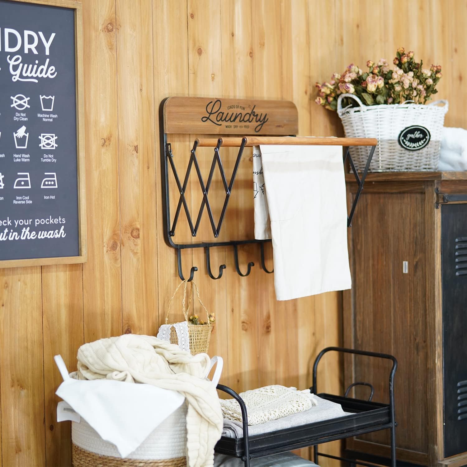 SOFFEE DESIGN Accordion Laundry Rack, Retractable Wall Mounted Racks, 3 Bars & 5 Hooks for Drying Rack Hanging Towels Clothes Save Space Perfect for Laundry Room, Bathroom, Mudroom, Wall Decor