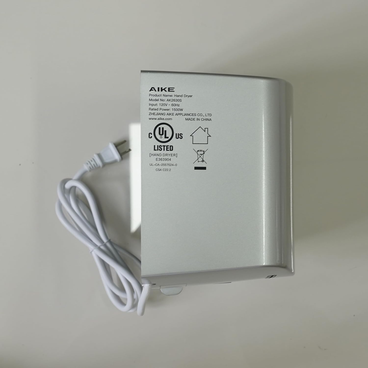 AIKE Air Wiper Compact Hand Dryer 110V 1400W Silver (with 2 Pin Plug) Model AK2630S