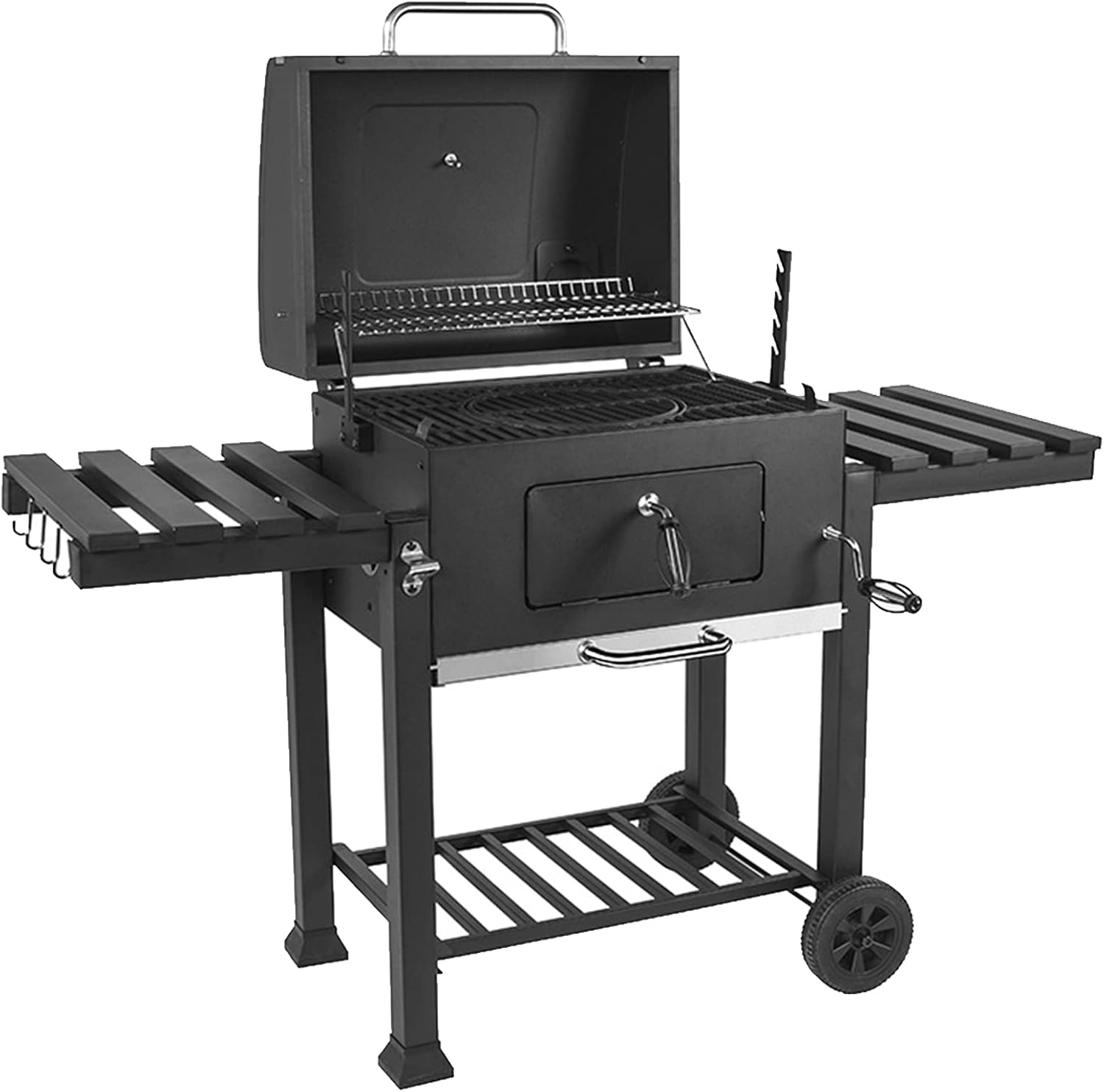Barbecue Grill with Wheels Charcoal BBQ Grill Grey Powder Coated Steel Portable Barbecue Charcoal Grill Cart with Adjustable Vent Side Tables for Outdoor Picnic Camping,