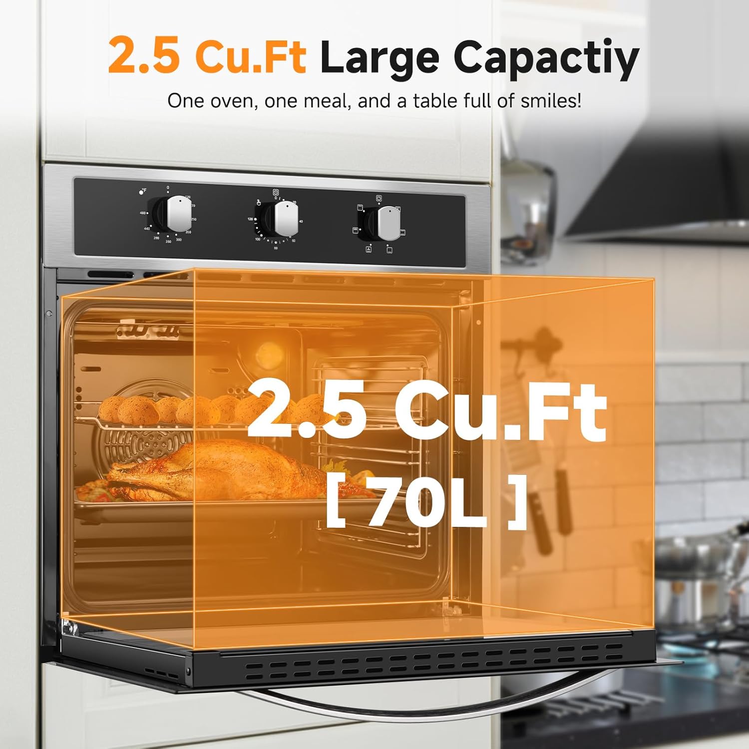 Wall Ovens 24 inch Electric, AMZCHEF 24 inch Wall Oven, 2200w Single Wall Oven with 6 Cooking Modes, 2.5 Cu.Ft. Electric Wall Oven, Convection Oven with Mechanical Knobs Control, Stainless Steel