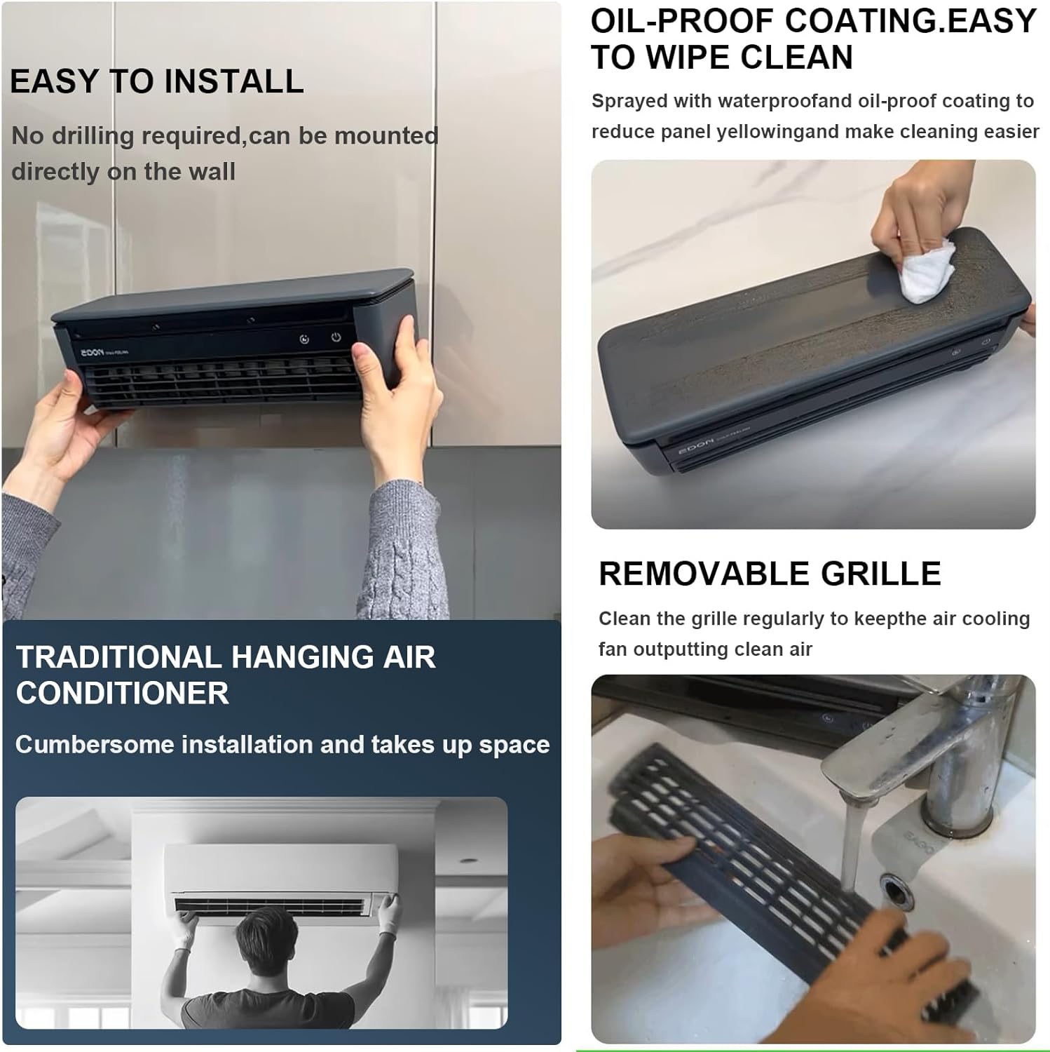 Wireless Charging Quiet AC No Drilling Kitchen Cooling Air Conditioning Three Wind Speeds, with Adjustable Spray Portable Wall Mounted Airs Conditioners Fan,for Home Office, Bedroom (White)