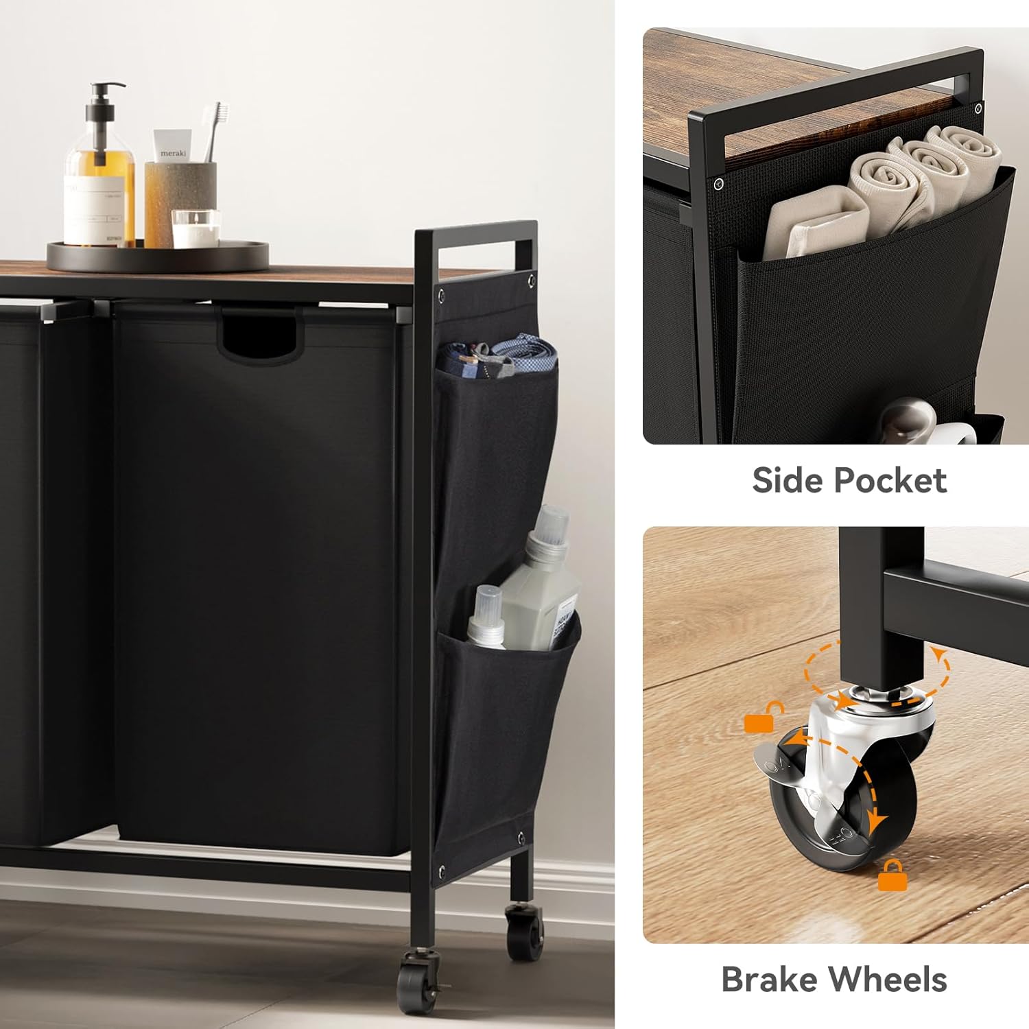 WOWLIVE 4-Compartment Laundry Hamper with Lid,Rolling Laundry Basket Organizer with Wheels, Iron-Made Laundry Sorter with Top Shelf and 4 Removable Bags,Large Clothes Storage for Room,Black