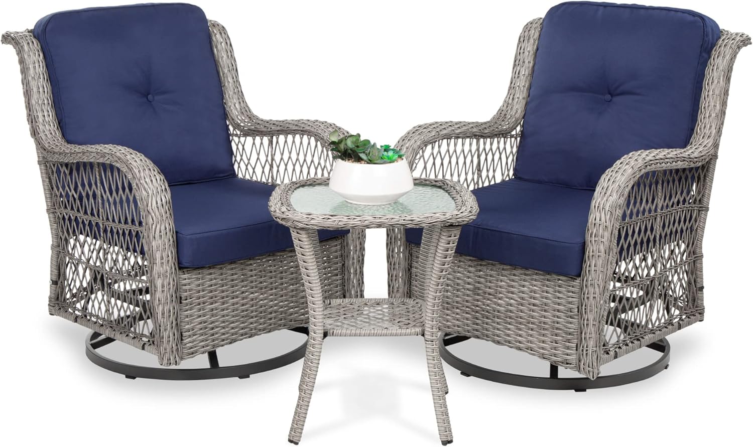 Best Choice Products 3-Piece Outdoor Wicker Patio Bistro Set w/ 2 360-Degree Swivel Rocking Chairs and Tempered Glass Top Side Table - Navy