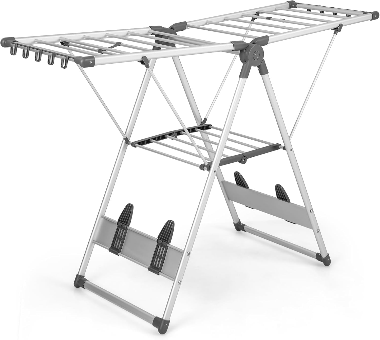 Nightcore Foldable Clothes Drying Rack, 2-Level Large Collapsible Laundry Drying Rack, Clothes Drying Rack with Height Adjustable Wings, Aluminum Drying Rack Clothing for Indoor Outdoor（Silver + Grey）