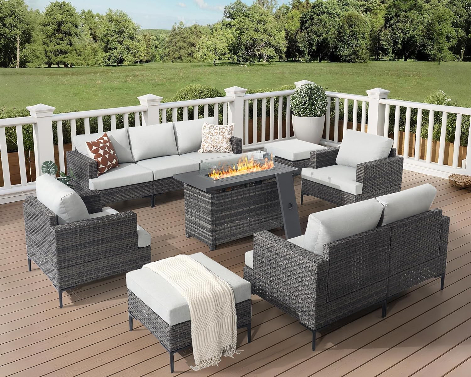 7 PCS Patio Furniture Set 60000BTU 44-Inch Outdoor Propane Fire Pit Table Wicker Outdoor Sectional Coversation Set, Thick Cushion & Deep Seat, Outdoor Furniture Sets for Porch,Backyard,Deck (Grey)