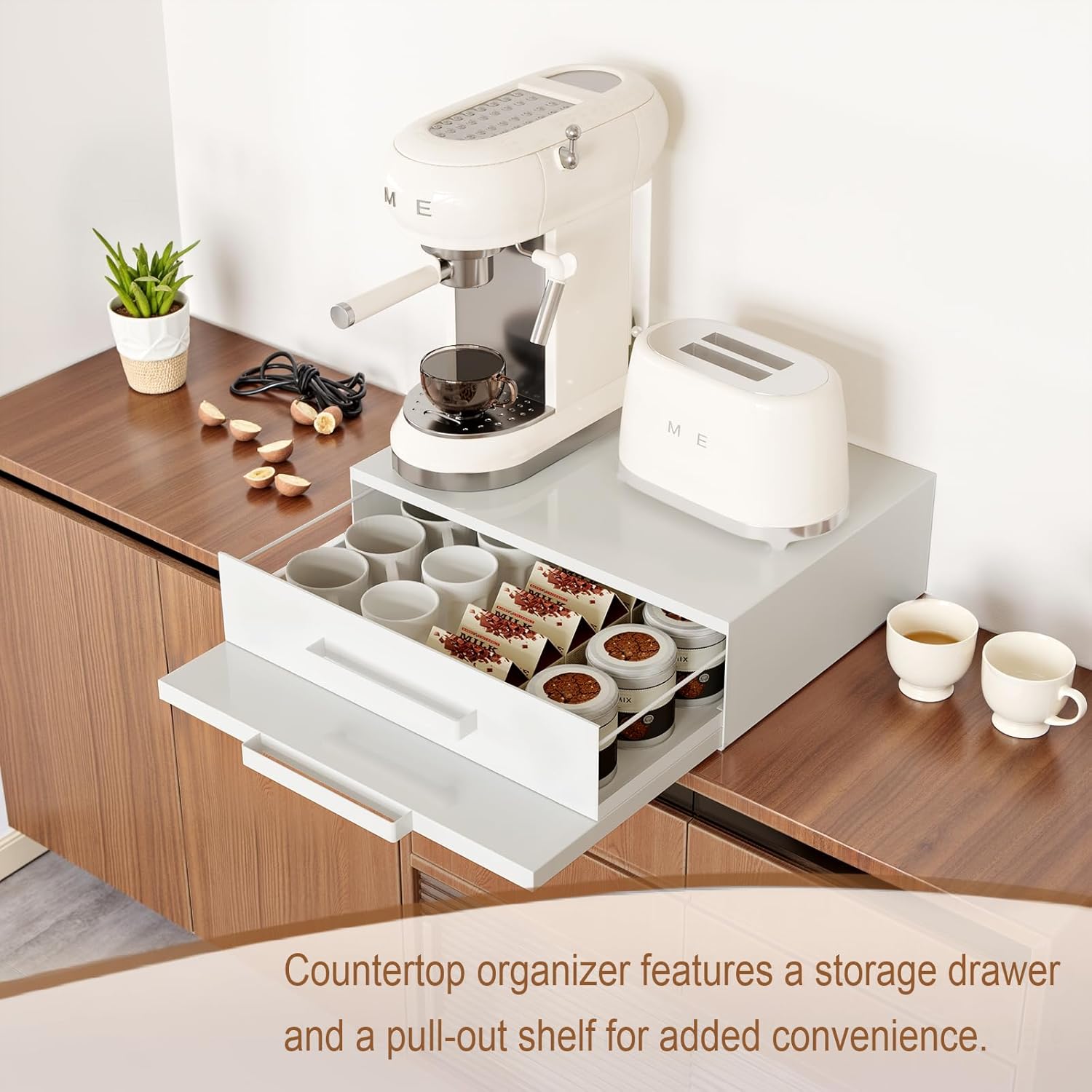 Steel Microwave Stand with Pull-Out Drawers & Shelves | Countertop Organizer for Compact Microwaves, Coffee Station & Kitchen Appliance Storage (White+Drawer+Shelf)