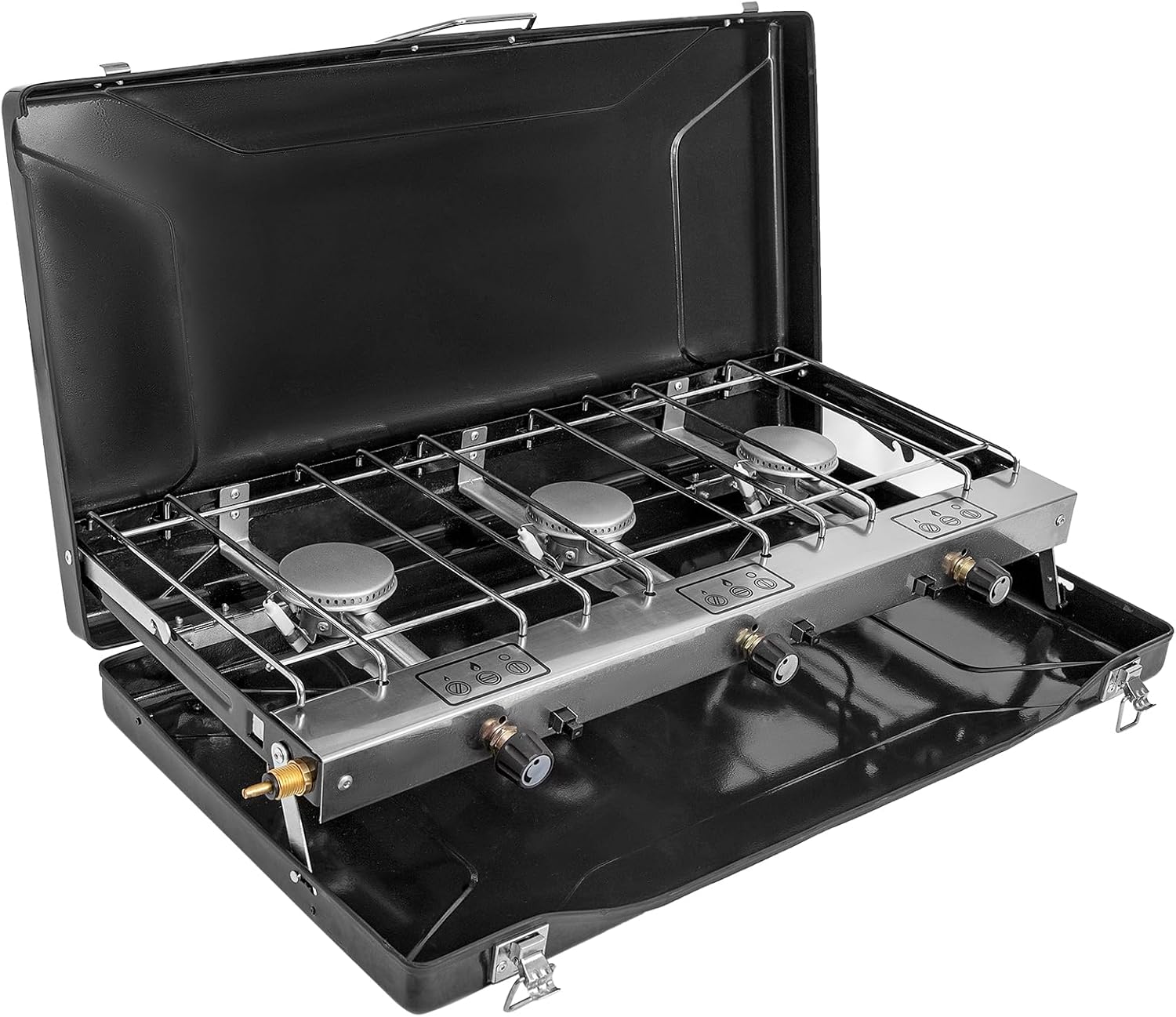 Camping Stove, 3 Burner Propane Portable Camp Stove with Regulator, Push-Button Instant Ignition, Portable Camp Grill, Adjustable Burners for Car Camping Outdoor Cooking (BLACK-19800 BTUs)