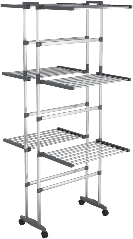 vidaXL Foldable 3-Tier Laundry Drying Rack with Wheels in Silver - Compact Aluminium Clothes Drying Stand, Ideal for Limited Space, Easy Assembly Required