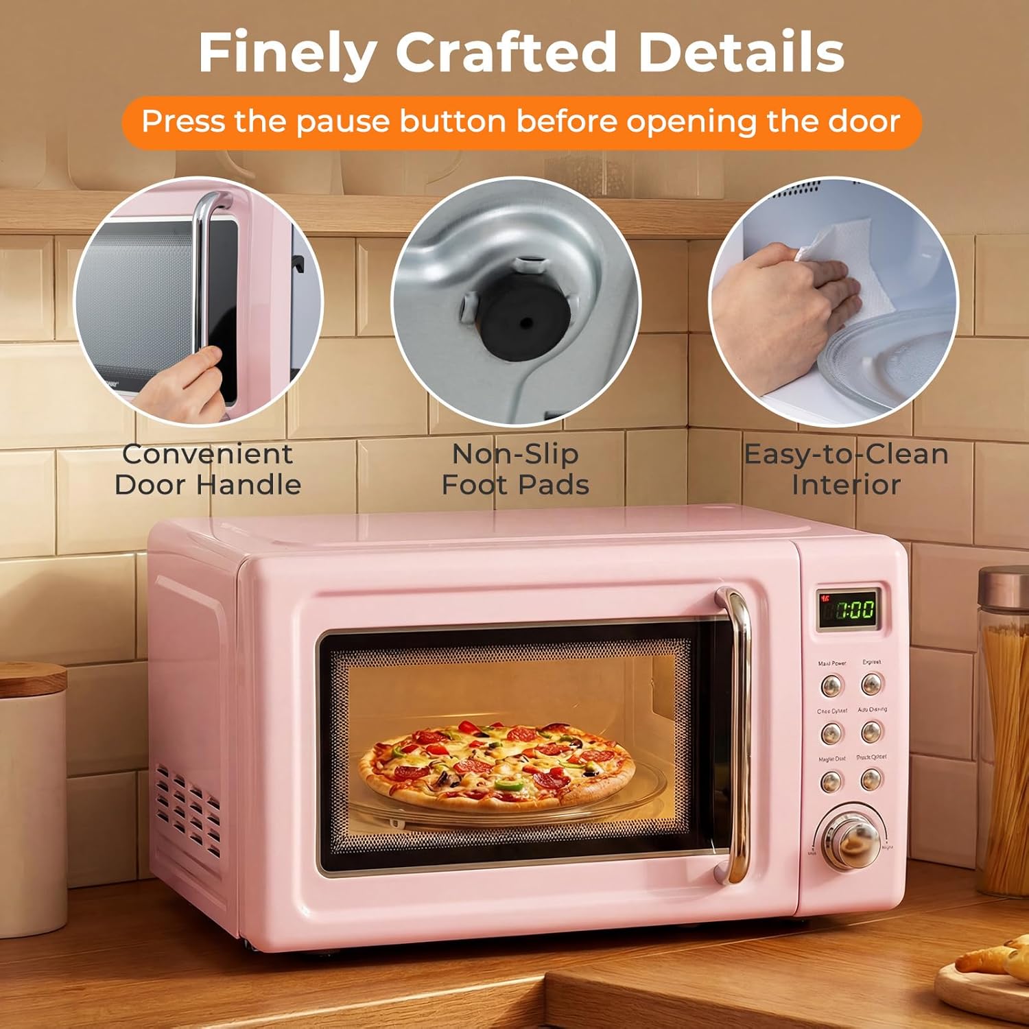 ARLIME Retro Microwave 0.7Cu.ft, 700 Watt Countertop Microwave with 5 Micro Power Defrost & Auto Cooking Function, LED Display, Child Lock, Pink Small Microwave for Kitchen, RV, Dorm