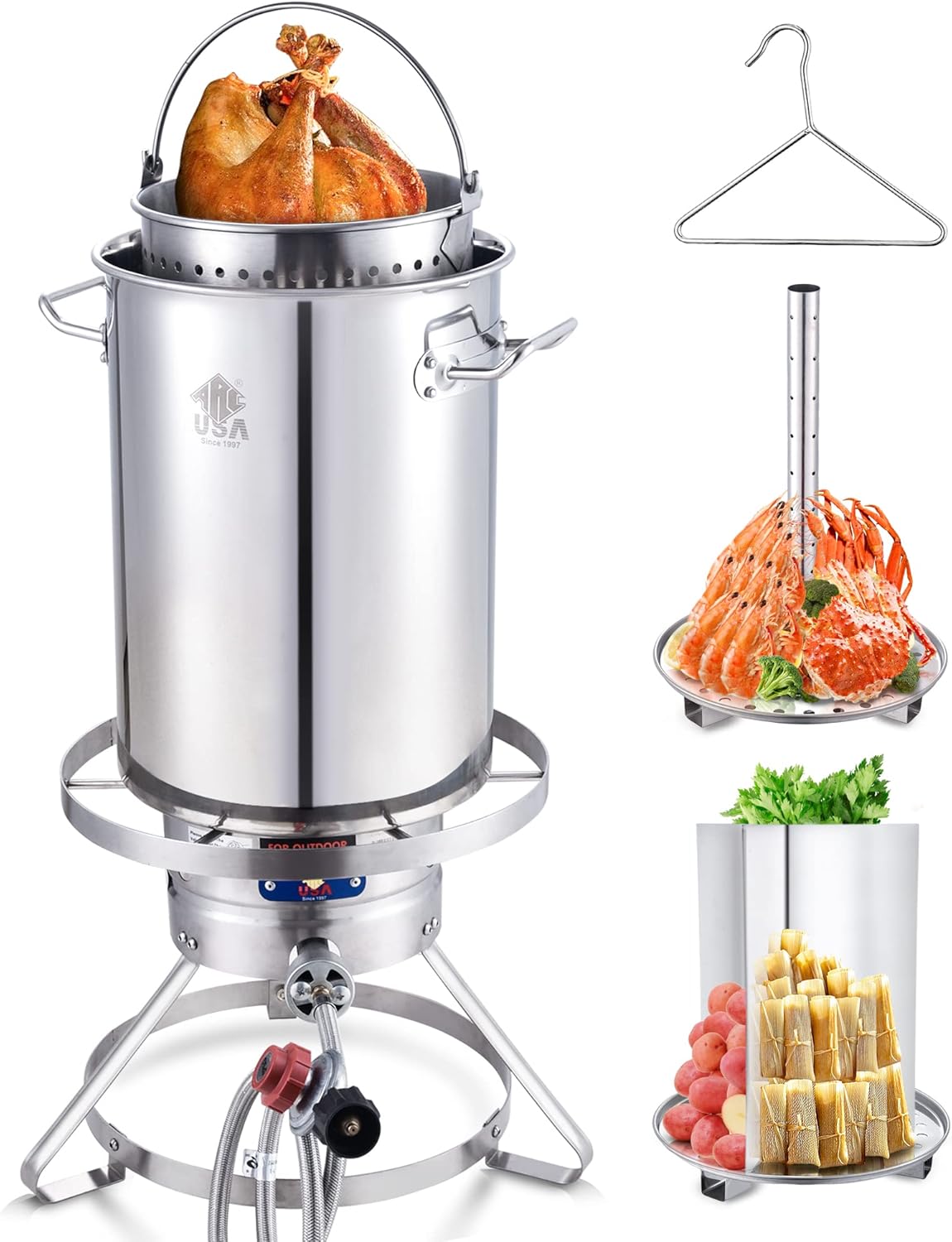ARC 32QT Turkey Fryer Pot With Basket and Burner 37,000 BTU Outdoor Stainless steel Seafood Boil Crawfish Boil Crab Boil Pot and Burner Kit Propane Burner for Outdoor Cooking