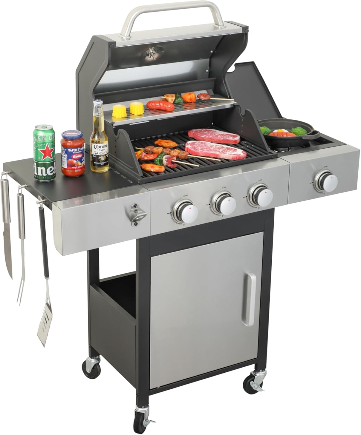 40,000 BTUS 3 Burner Outdoor Gas Grill, Propane Grill, Portable Gas Grill with Side Burners and Folding Tabletop, Additional Stainless Steel Beer Bottle Opener and Hooks,Built-In Thermometer