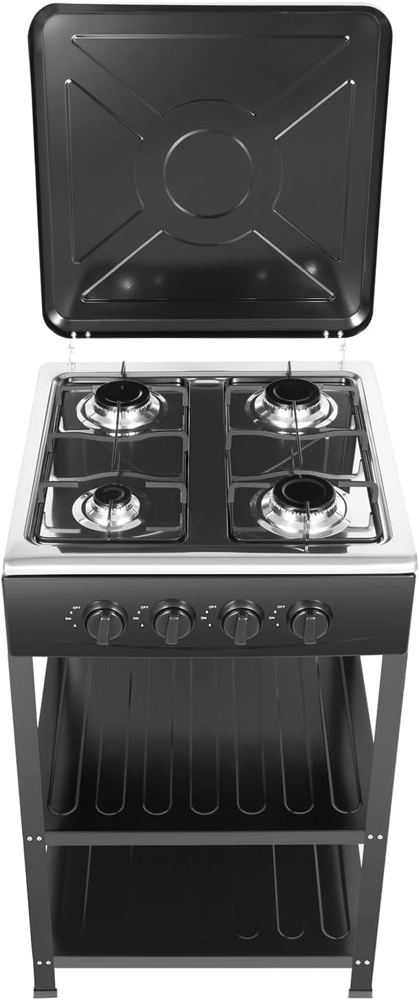 Propane Stove Stand, 4 Burner Gas Cooker Outdoor Camping Stove Stand Portable Propane Stove Outdoor Propane Burner with 2 Tier Storage Rack and Wind Shield,Multifunction Cooker BBQ Grill for Indoor