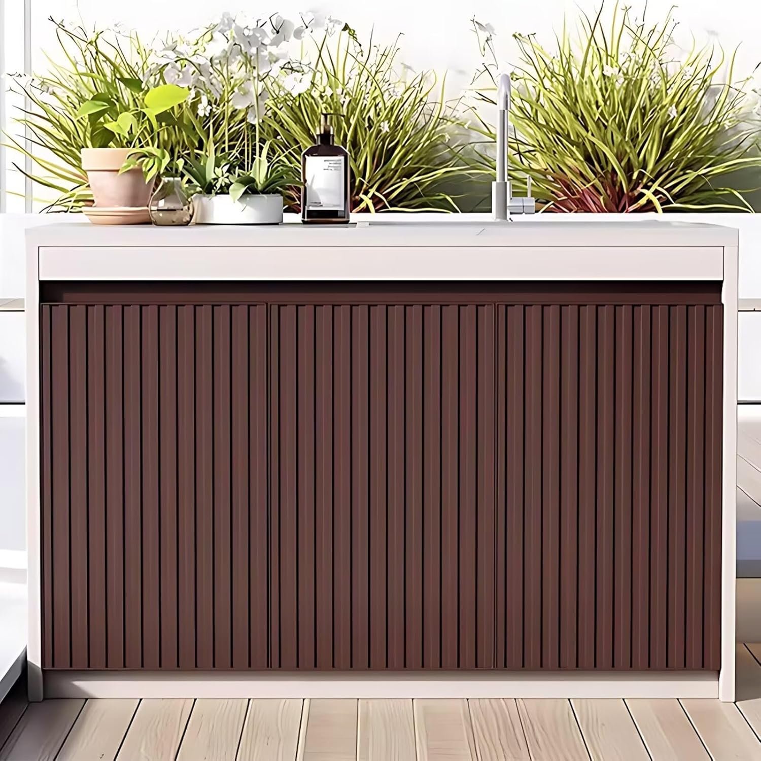 Outdoor Laundry Utility Sink Cabinet with Brown Aluminum Stripe Door,Kitchen Sink Cabinet with Stainless Steel Pot,Slate Textured Countertop and No Handle Design(47.24IN)