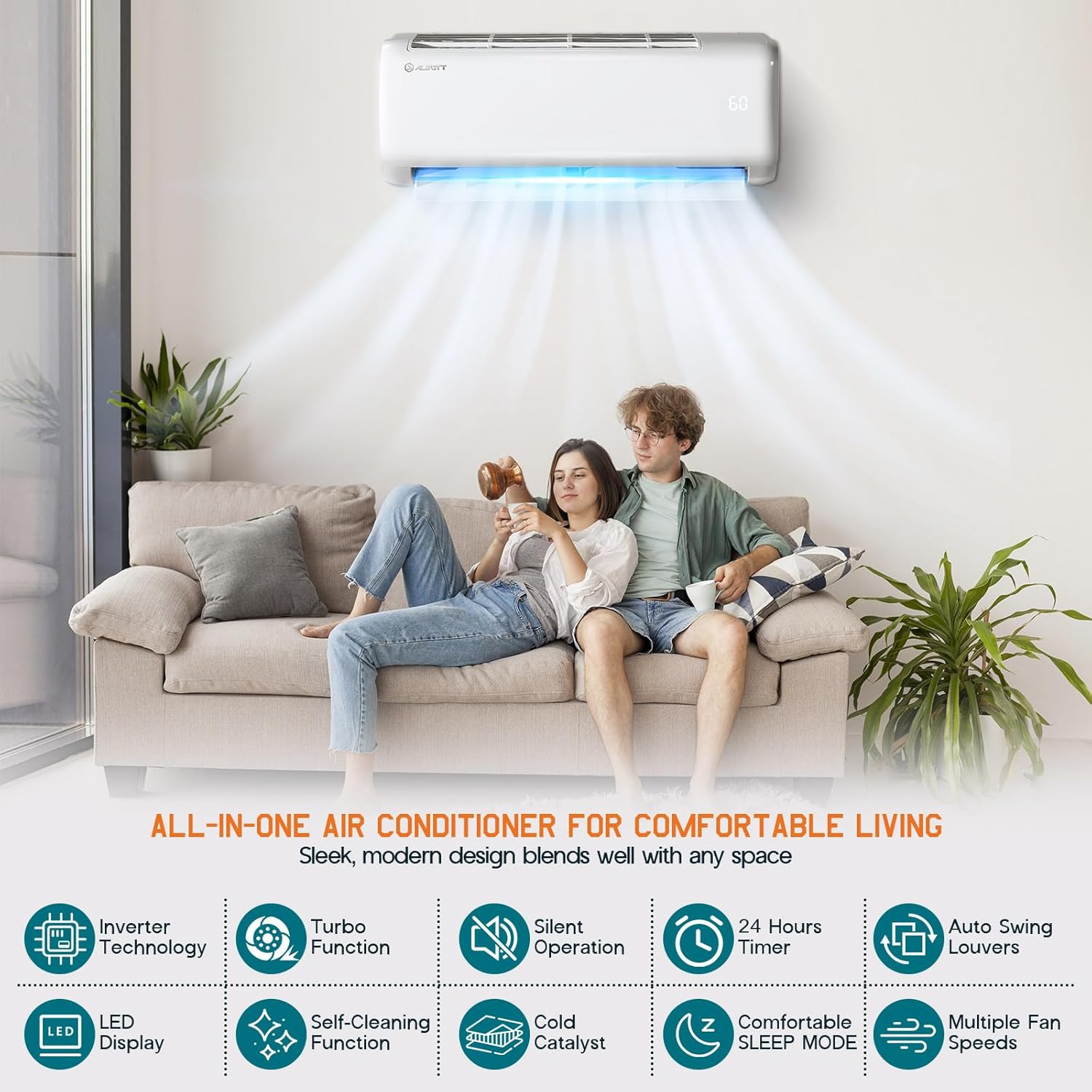 Albott Mini Split Air Conditioner Heat Pump, 24000 BTU Inverter AC, Cools up to 1500 Sq. Ft, Energy-Efficient with Self-Cleaning, SEER2 19, 220V, Ideal for Home, Office, Bedroom