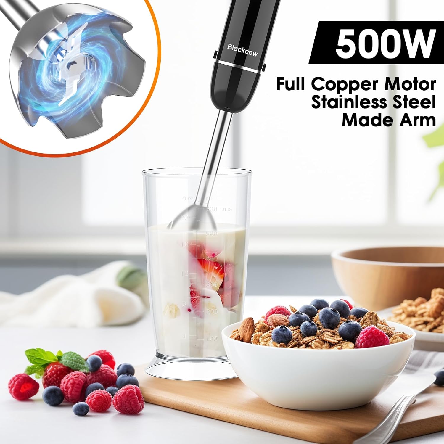 Immersion Blender Set for Kitchen,500W Extra Quiet Emulsion Blender Handheld,12 Speed Electric Hand Mixer with BPA Free Attachments:Chopper Bowl,Whisk,Milk Frother,Measuring Cup