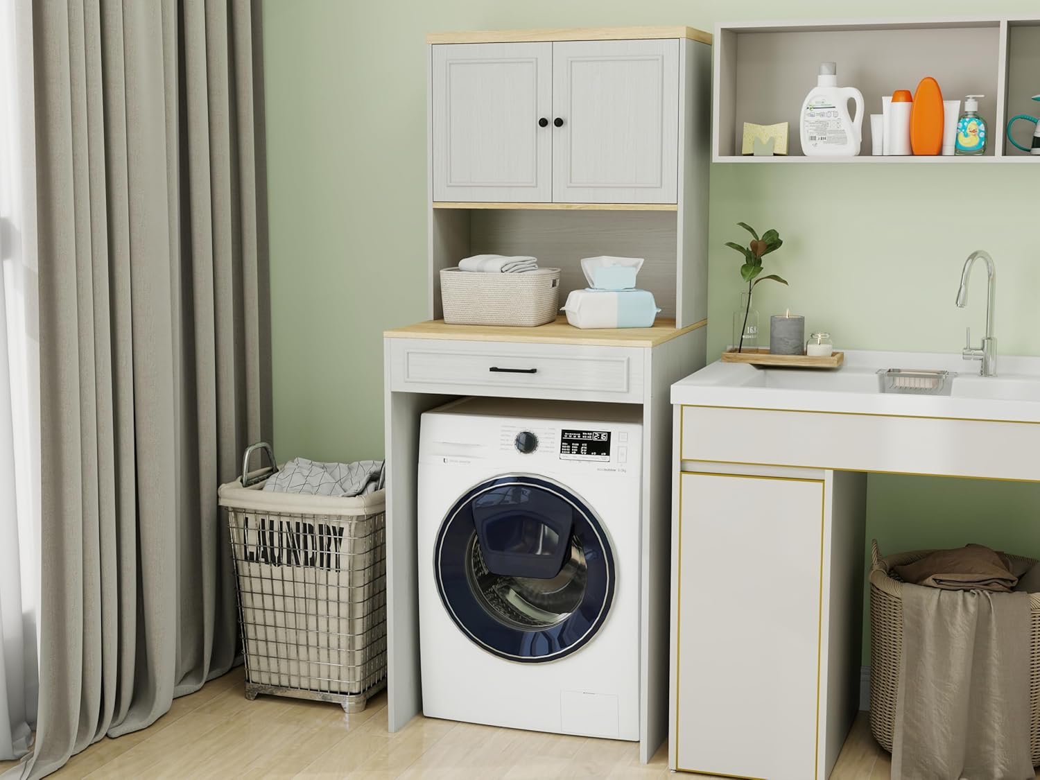 Over The Washer and Dryer Storage Cabinet, Space Saving Laundry Room Shelf Storage Organizer, Laundry Countertop with Shelf Cabinet Design, Antique White