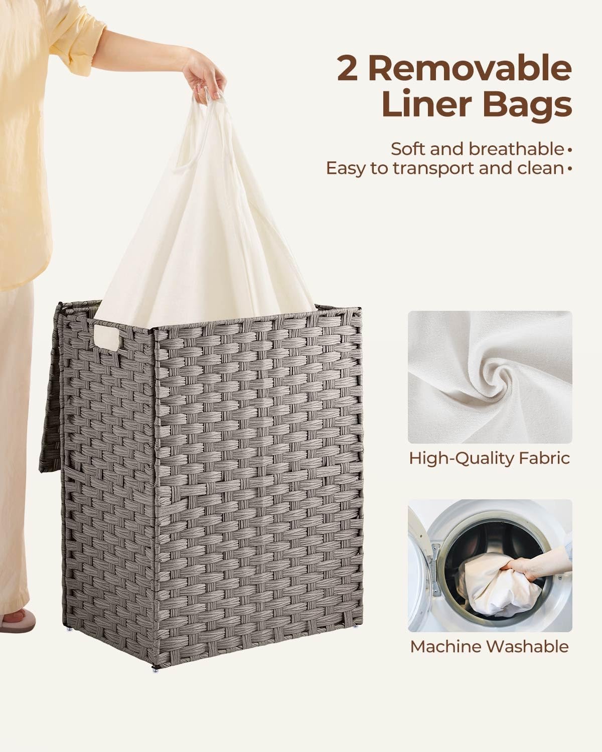 Greenstell Laundry Hamper with 2 Removable Liner Bags - 90L Divided Clothes Hamper, Handwoven Synthetic Rattan Foldable Laundry Basket with Lid and Handles Gray (18.3x13.3x24.0Inches)