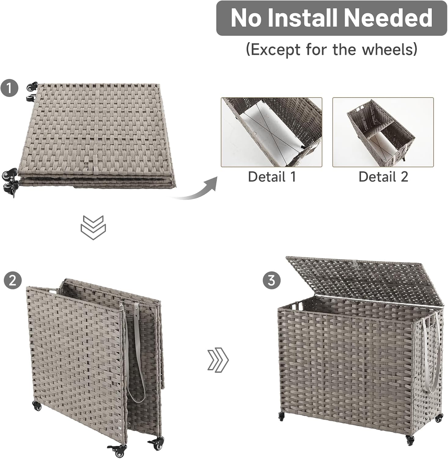 Laundry Hamper with Wheels, 52.8 Gallon(200L) Rolling Laundry Basket with Lid, 3-Section Rattan Clothes Hamper with 3 Removable Liner & 3 Mesh Bags, Laundry Sorter with Side Pocket, Grey