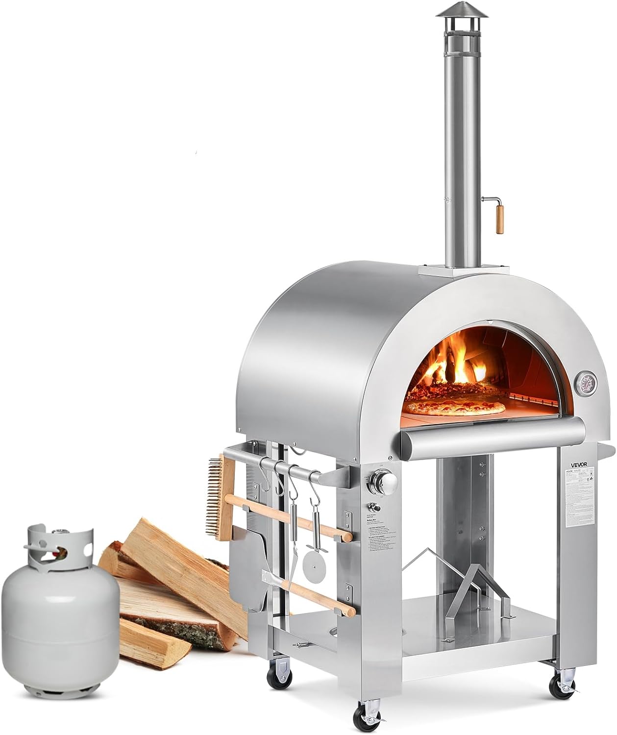 VEVOR Dual Fuel Pizza Oven Outdoor, 26 in Portable Pizza Oven, Pellet & Gas Powered Outdoor Pizza-Maker with Thickened Cordierite Pizza-Stone, Easy to Move with Casters, for Camping and Backyard