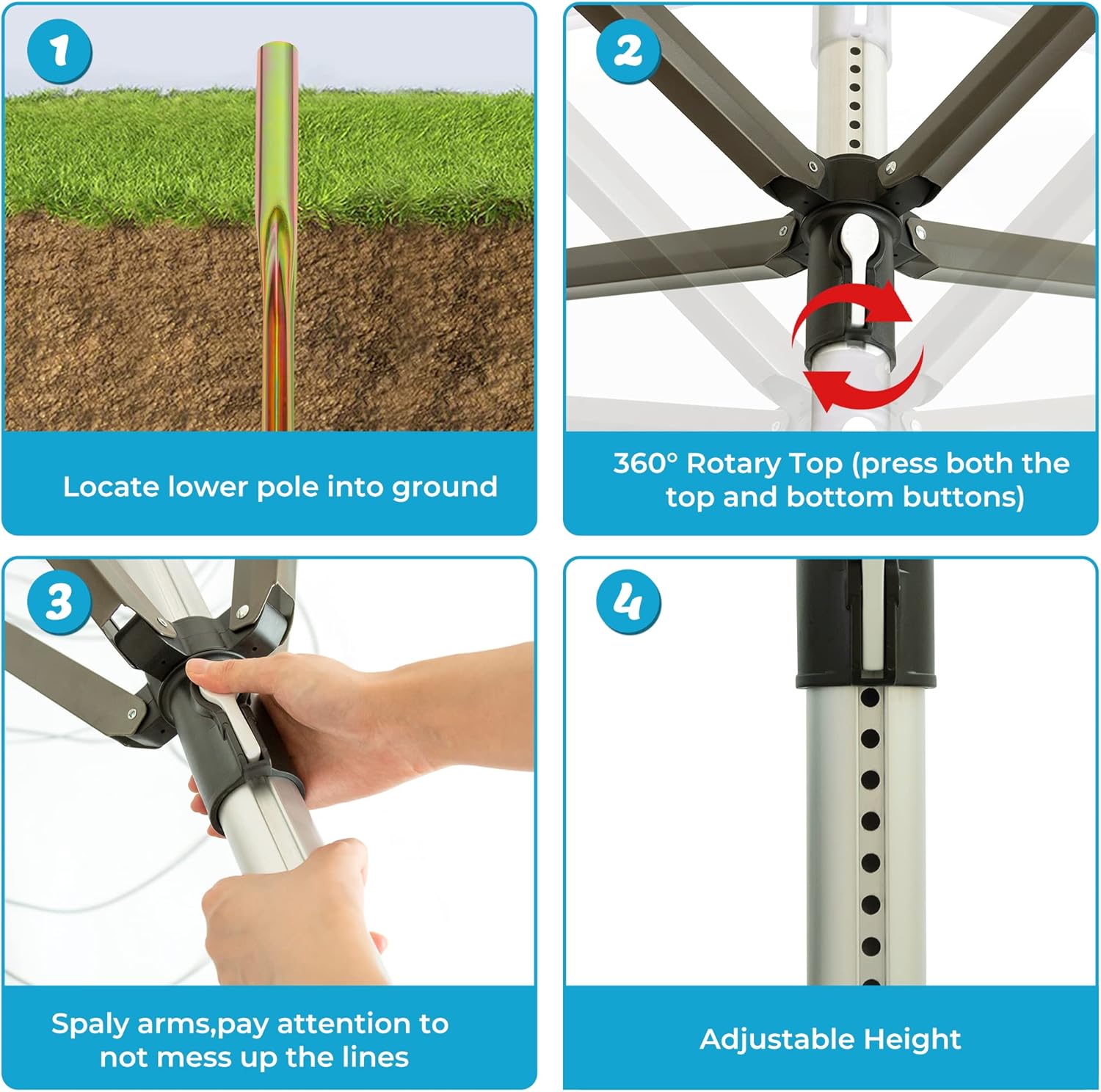 JS Hanger Clothesline Outdoor Rotary Dryer, 4 Arms Foldable Heavy Duty Height Adjustable Clothes Drying Rack, 196FT Drying Space, Hang Wet or Dry Laundry