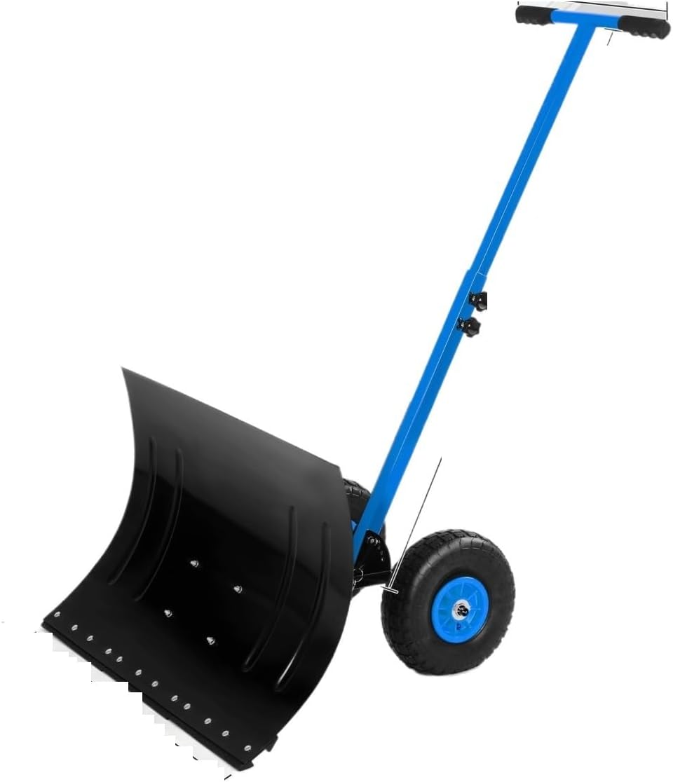 Heavy-Duty Wheeled Snowplow with Adjustable Handle and Ergonomic Snow Shovel, for Driveways and Sidewalks(Blue,29.1W x 16.5H)