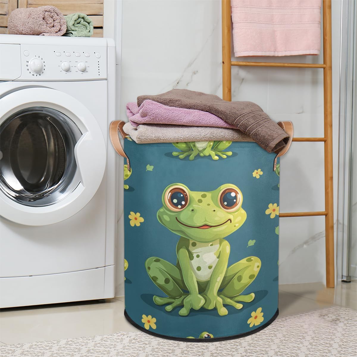 Daisy Frog Laundry Basket Collapsible Waterproof Storage Bin Organizer with Handles Round Dirty Clothes Nursery Hamper for Living Room Bedroom Bathroom Toys Box