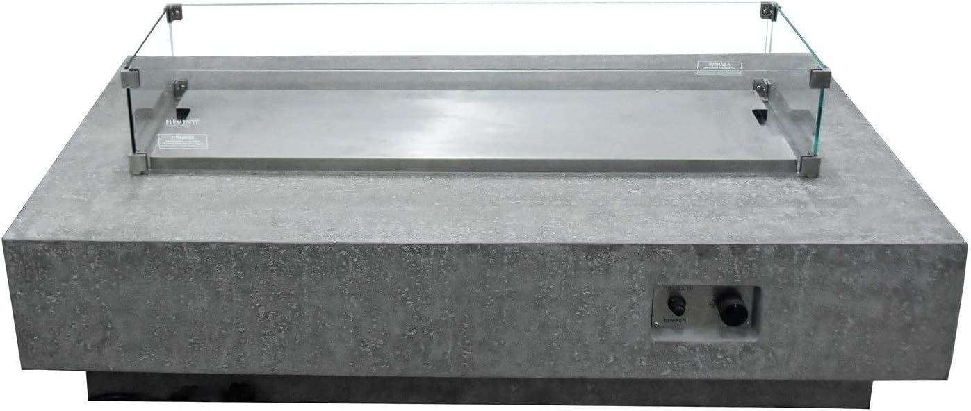 Elementi Hampton Fire Pit Bundle Outdoor Firepit Set Includes 56” Propane Concrete Firepit Table, Glass Windscreen, Stainless Steel Cover, Tank Cover, Canvas Cover, Floor Mat, Ice Bucket