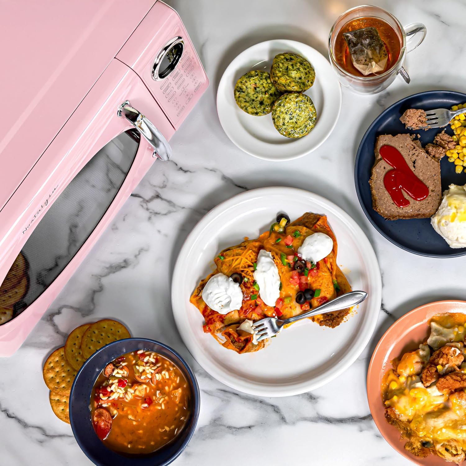 Nostalgia Retro Microwave Oven - 0.7 Cu Ft, 700-Watt Countertop Size with Glass Turntable, Child Safety Lock, 8 Auto-Cook Programs, Digital Clock - Pink