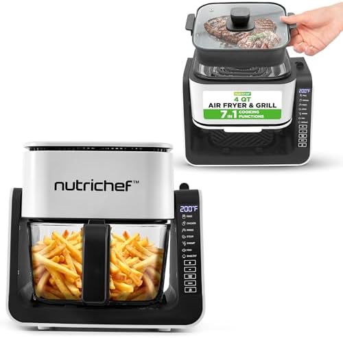 NutriChef 4 QT Air Fryer & Grill | 8-1 Preset Cook Modes | Transparent Fry Bowl for Best Cooking Results | Cook Shrimp, Steak, Fries, Wings & More | 4 QT Glass Air Fryer & 1.2 QT Grill | White