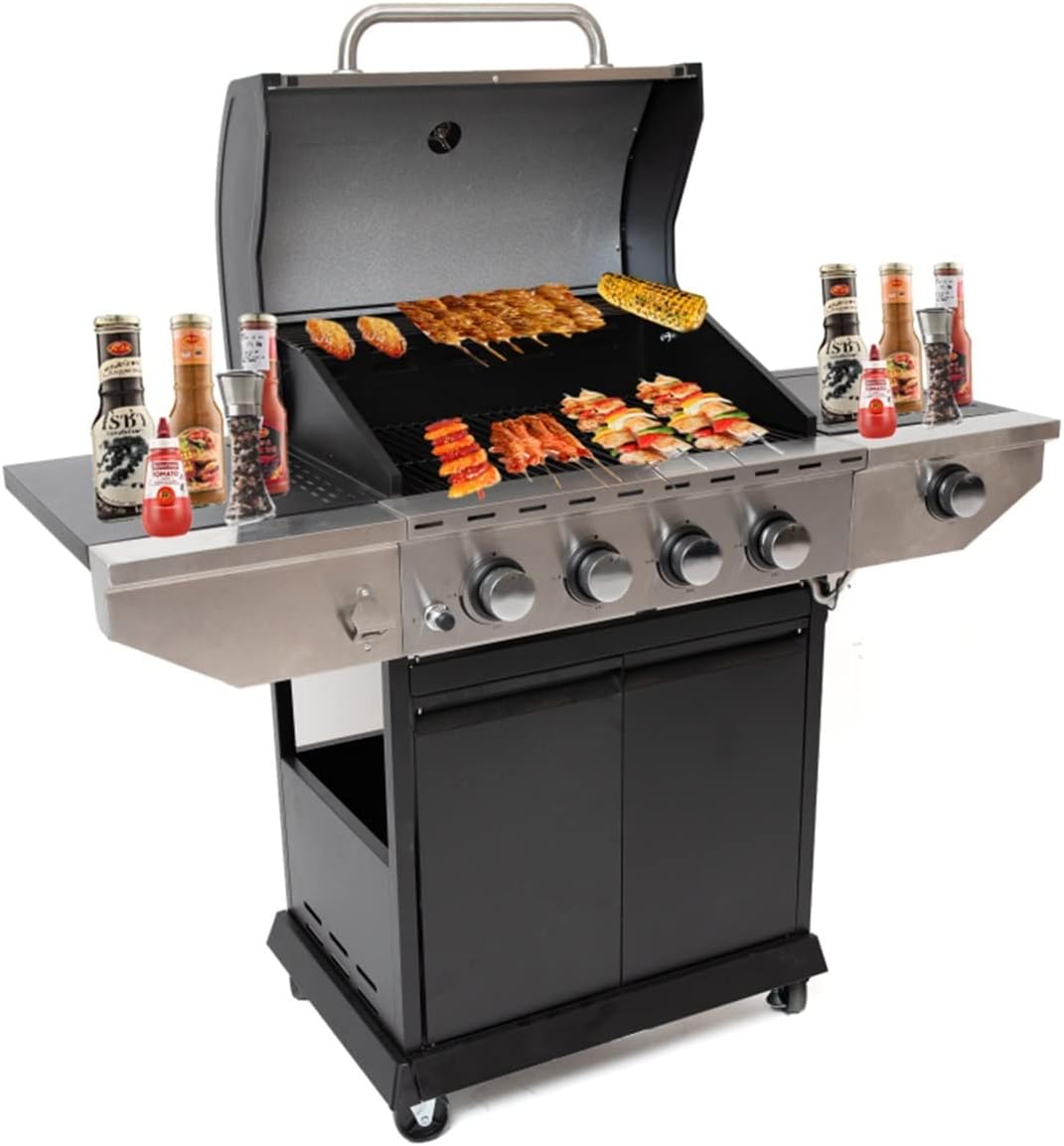 Grill Outdoor Propane Grill 4 Burner Barbecue Grill Stainless Steel Gas Grill with Side Burner and Thermometer for Outdoor BBQ, Camping