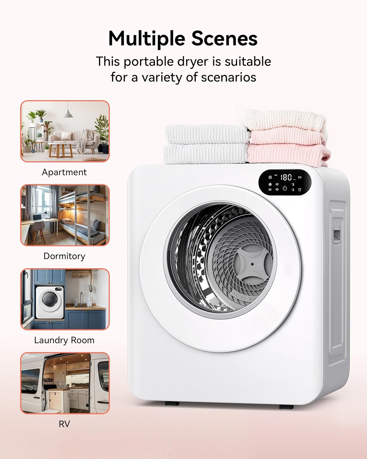 Euhomy 1.5 Cu.Ft Portable Clothes Dryer, 850W Clothes Dryer with Stainless Steel Drum, 4 Functions, LED Control, Drying Machine for Apartments, Laundry, Dorm, Small Space, White