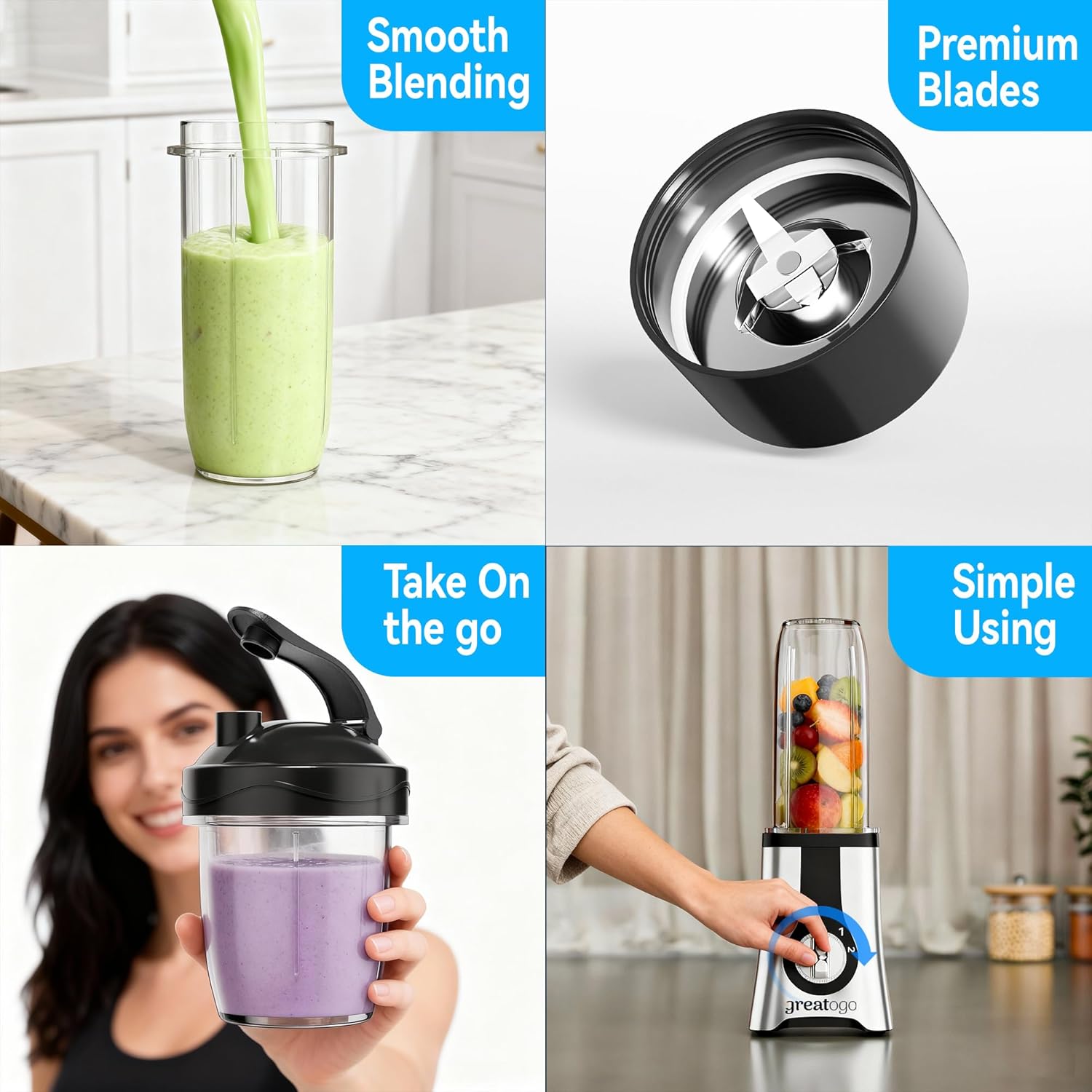 Countertop Blenders For Shakes And Smoothies, 3-In-1 Smoothie Maker & Food Processor, Multi-Function Blender Grinder Chopper Combo For Kitchen, Includes 4 Cups And Portable Lid