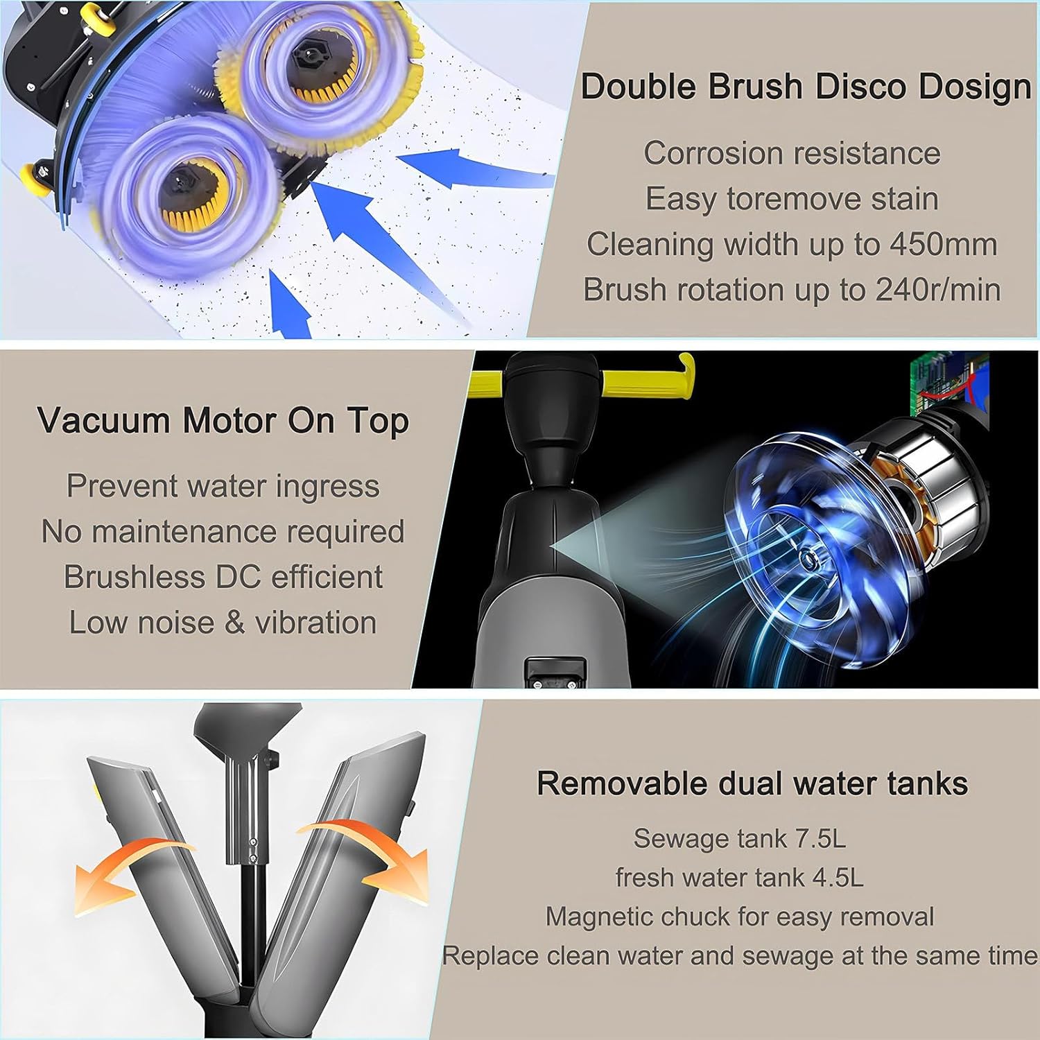 Carpet Cleaning Machine and Floor Scrubber, Dual-Brush Rotary System, Cordless Mini Floor Scrubber, Efficient Cleaning for Commercial Spaces, Schools, and Offices Grey