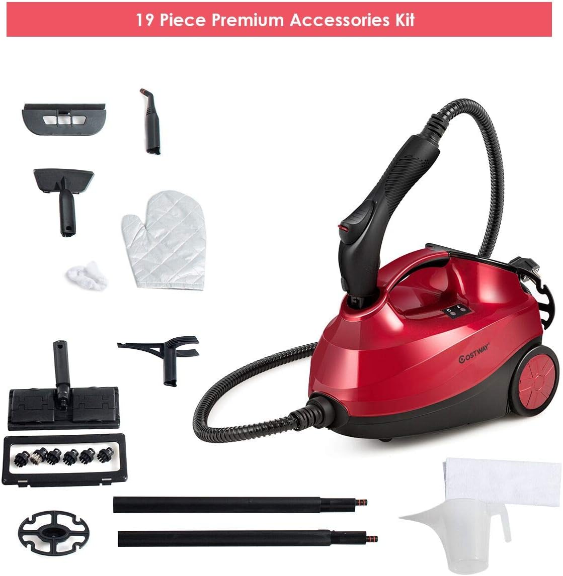COSTWAY 2000W Multipurpose Steam Cleaner with 19 Accessories, Household Steamer with 1.5L Tank for Cleaning, Heavy Duty Rolling Cleaning Machine for Carpet, Floors, Windows and Cars, Red