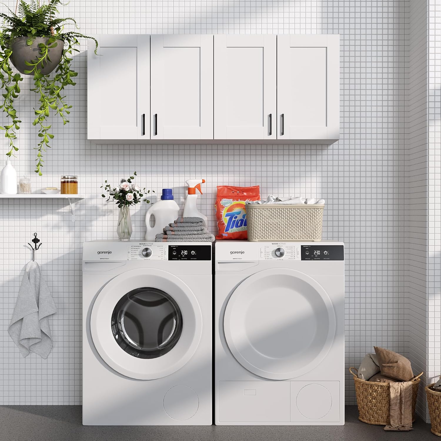 White Laundry Room Cabinets and Storage with 4 Doors and Utility Adjustable Shelf，Gabinetes Para Cocina Cupboard Kitchen Organizers and Storage Pantry Wall Mounted 12.4