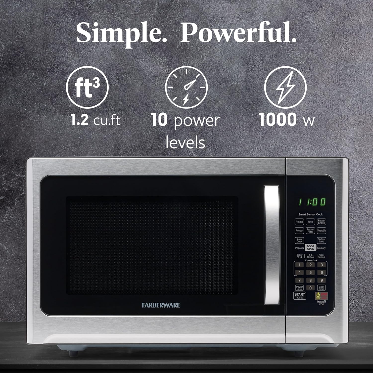 Farberware 1.2 Cu. Ft. Countertop Microwave Oven – 1000 Watts Power, Smart Sensor Auto Cook Settings, Defrost, Easy Clean and Child Safety Lock - Stainless