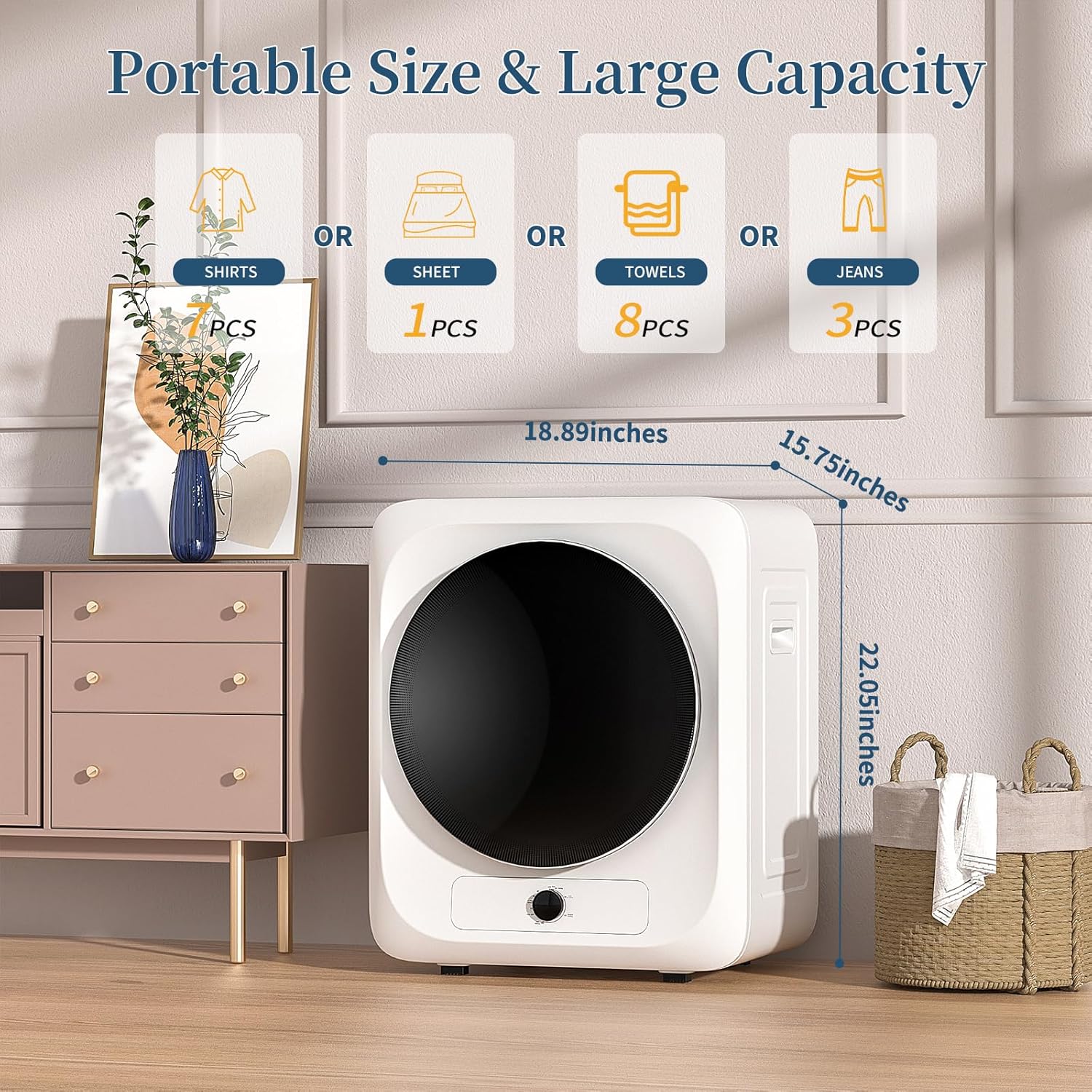 Zynkez Portable Clothes Dryer, 110V Electric Compact Laundry Dryer with Stainless Steel Tub for Apartments, Dorms, RVs (White)