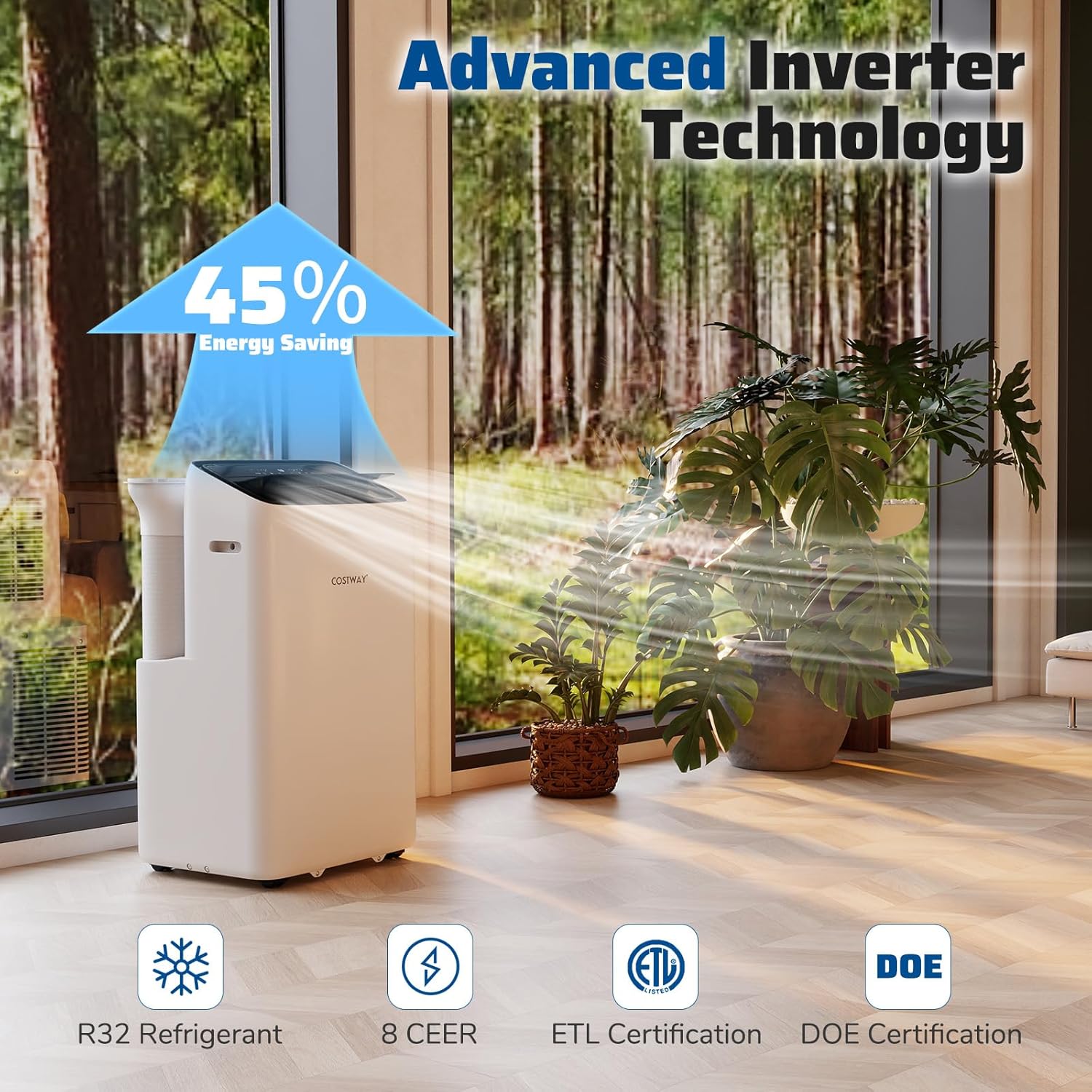 COSTWAY 14000 BTU Inverter Portable Air Conditioner, 3 in 1 Wifi Enabled Energy-saving AC Unit w/Fan & Dehumidifier for 650 Sq. Ft Rooms, Sleep Mode, 24H Timer, Remote Control & Window Kit (14000 BTU)
