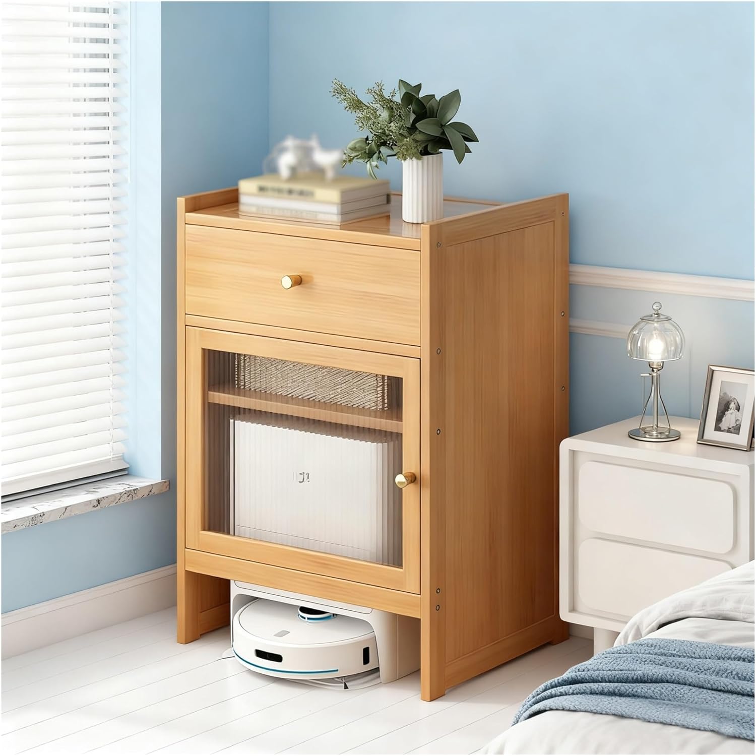 Vacuum Cabinet Storage, Robot Vacuum Hidden Storage Cabinet Bamboo Freestanding Rack for Living Room, Home Office, Kitchen(Natural)