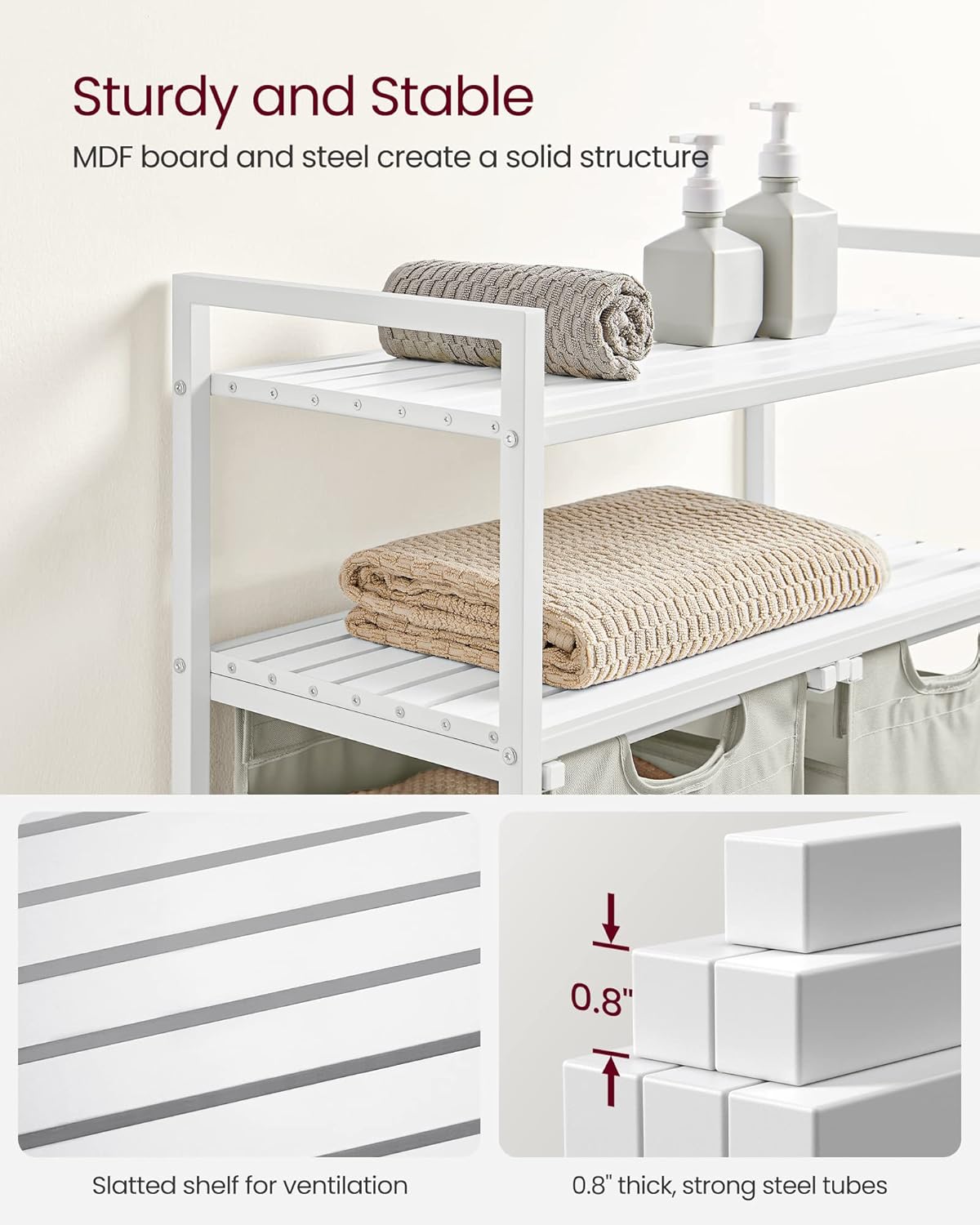 VASAGLE Laundry Hamper, Laundry Basket, Laundry Sorter with 2 Pull-Out and Removable Bags, 2 Shelves, 12.1 Gal (46L) Capacity per Bag, for Laundry Room, White UBLH211W01