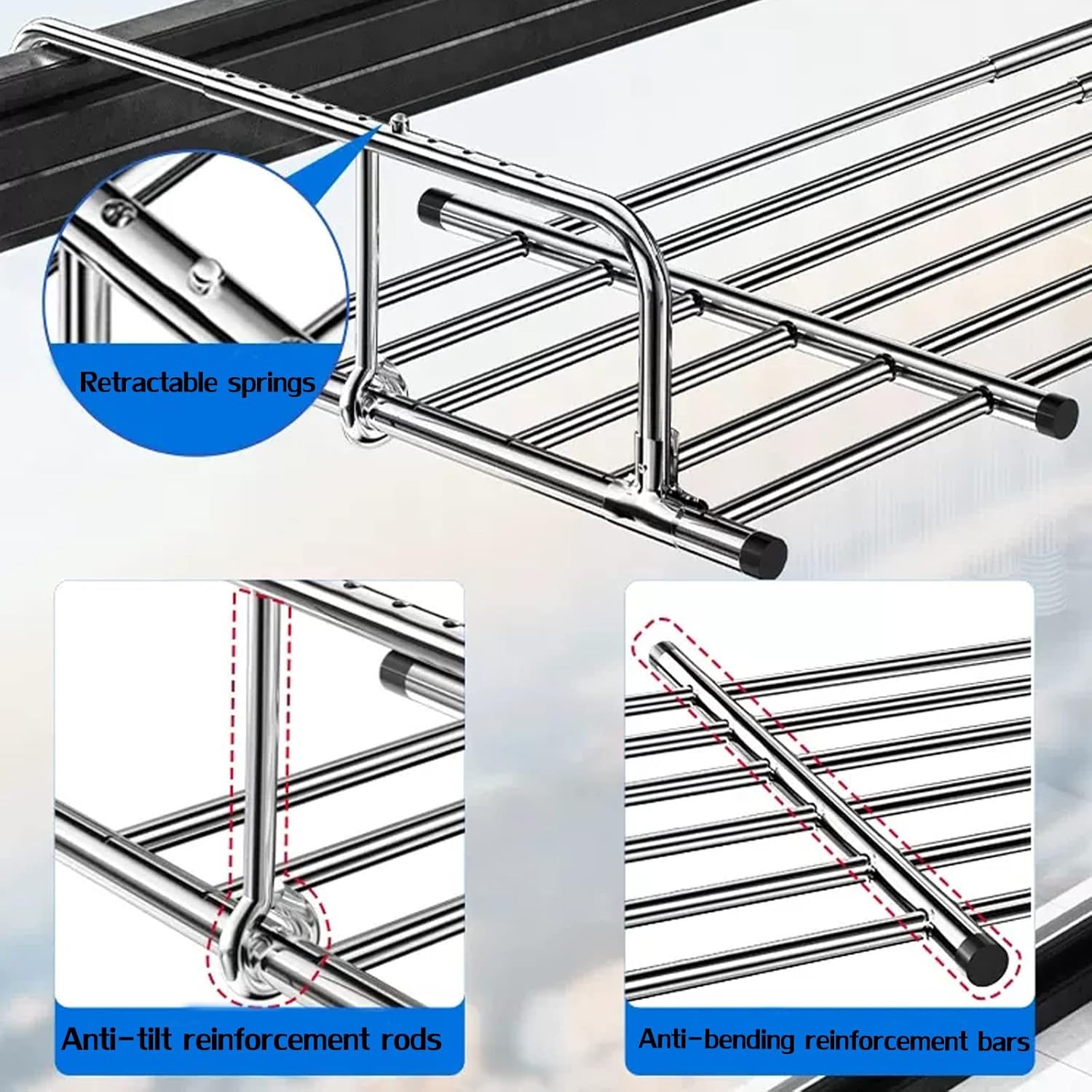 Clothes Airer Balcony Drying Rack Stainless Steel Clothes Dryer Folding Shoes Rack, Foldable Portable Space Saving Clothes Drying Rack, Extendable Clothing Dryer Rack, Si(Silver-60)